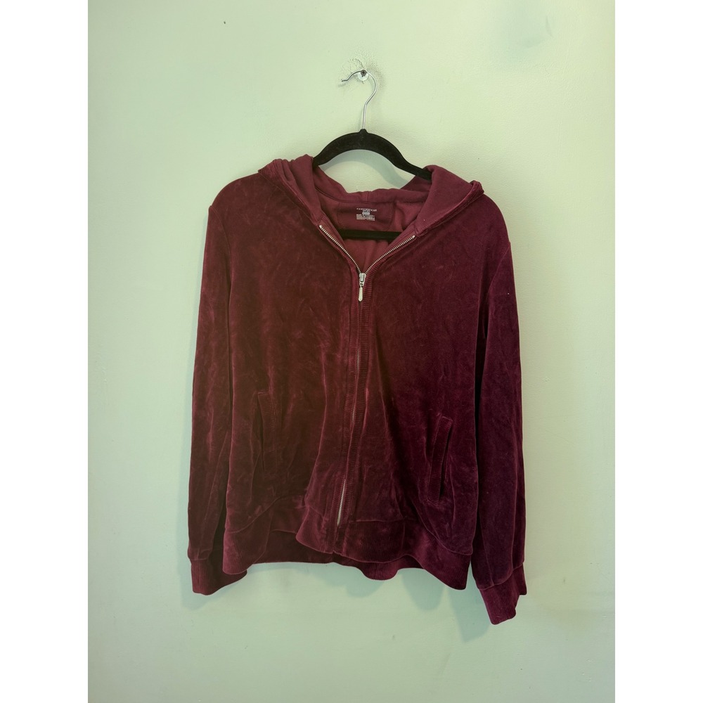 Jones New York Sport Womens Burgundy Velour Full Zip Hoodie XL Corduroy Trim